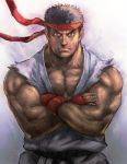  black_eyes black_hair boyaking capcom crossed_arms fingerless_gloves gloves headband male muscle ryuu_(street_fighter) short_hair solo street_fighter 