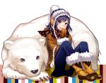  1girl absurdres boots female hands_clasped hat highres mittens original polar_bear purple_hair scarf short_hair sitting smile solo violet_eyes yunco 