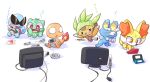  bulbasaur charmander chespin fennekin froakie game_boy highres link_cable nettsu-_(sinker-ball) nintendo nintendo_3ds no_humans playing_games pokemon pokemon_(creature) pokemon_(game) pokemon_rgby pokemon_xy snes squirtle sunglasses television wii 