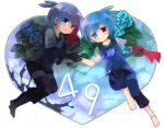  2boys ahoge barefoot black_hair black_sig blue_eyes blue_hair capri_pants dual_persona expressionless flower haruna_0531 heart heterochromia holding_hands hydrangea leaf lying male multiple_boys puyopuyo puyopuyo_fever red_eyes shirt sig 