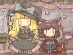  akihiyo animal_ears blonde_hair blush_stickers bow broom brown_hair bubble candle cape cat_ears cat_tail chibi dress hand_holding hat hat_bow highres holding_hands multiple_girls original pot purple_hair skirt table tail 