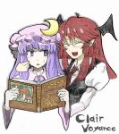  2girls :d ahoge annoyed armband bat_wings bespectacled book bust closed_eyes crescent english fang glasses hat head_wings koakuma kureya908 long_hair multiple_girls necktie open_book open_mouth patchouli_knowledge purple_eyes purple_hair red_hair redhead smile sweatdrop the_embodiment_of_scarlet_devil touhou vest violet_eyes wings 