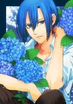  1boy blue blue_eyes blue_hair flower highres hijirikawa_masato solo tierra818 uta_no_prince-sama 
