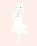  barefoot blue_eyes bow dress honma_meiko hoshimura_sora long_hair ribbon silver_hair smile solo standing_on_one_leg v 