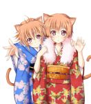  2girls alternate_costume animal_ears arm_around_neck blush brown_hair cat_ears cat_tail facial_mark fire_emblem fire_emblem:_akatsuki_no_megami floral_print hand_on_shoulder japanese_clothes jiino kimono lethe lyre_(fire_emblem) multiple_girls outstretched_hand parted_lips paw_pose short_hair siblings simple_background sisters smile tail twins white_background 