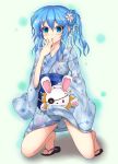  1girl alternate_hairstyle blue_eyes blue_hair blush collarbone date_a_live flower hand_puppet japanese_clothes long_hair long_sleeves open_mouth puppet rabbit side_ponytail solo wide_sleeves yoshino_(date_a_live) 
