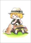  1girl blonde_hair dog food hat mushroom onigiri original ribbon short_hair sitting smile tamasaburou 