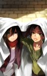  1boy 1girl bed_sheet black_hair brick brown_eyes child eren_jaeger mikasa_ackerman scarf shingeki_no_kyojin short_hair tongue tongue_out yellow_eyes yunion_(sibujya) 