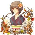  autumn autumn_leaves brown_eyes brown_hair flower hair_flower hair_ornament japanese_clothes kayu kimono lips obi original short_hair solo 