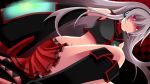  boots headphones headset long_hair name_(1775) red_eyes silver_hair skirt solo sukone_tei utau very_long_hair 