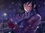  1girl atomix bird bird_on_hand black_hair blue_eyes blush building bust coat gloves half-closed_eyes lamppost light_smile long_hair night original outstretched_hand scarf snowing solo 