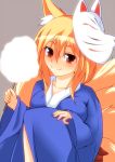  1girl alternate_costume animal_ears blonde_hair breasts cotton_candy fingernails fox_ears fox_mask fox_tail grey_background hand_on_knee japanese_clothes kimono knee_up looking_at_viewer mask merry_(diameri) multiple_tails short_hair simple_background smile solo tail touhou yakumo_ran yellow_eyes yukata 