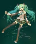  :d ayase_kaede detached_sleeves green_eyes green_hair hatsune_miku highres long_hair microphone necktie open_mouth skirt smile solo thigh-highs thighhighs twintails very_long_hair vocaloid 