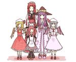 5girls :d alternate_costume bat_wings blonde_hair capelet closed_eyes crescent enmaided flandre_scarlet hair_over_one_eye hat hat_switch head_wings hong_meiling koakuma kureya908 maid maid_headdress multiple_girls open_mouth patchouli_knowledge purple_eyes purple_hair red_eyes red_hair redhead remilia_scarlet sleepy smile the_embodiment_of_scarlet_devil touhou violet_eyes wings witch_hat young 