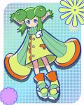  1girl blue_background blue_eyes double_bun green_hair horns konbeki official_style pointy_ears polka_dot polka_dot_background puyopuyo puyopuyo_fever rider_(puyopuyo) shoes short_hair skirt sleeves_past_wrists smile solo 