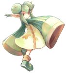  1girl double_bun green_hair horns karatou looking_back pointy_ears puyopuyo puyopuyo_fever rider_(puyopuyo) shoes short_hair skirt sleeves_past_wrists smile solo standing_on_one_leg white_background white_eyes 