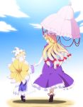  blonde_hair blue_sky blush bow closed_eyes dress eyes_closed fox_tail from_behind h-new hair_bow hand_holding hat highres holding_hands multiple_girls multiple_tails open_mouth parasol purple_dress red_eyes sky smile tail touhou umbrella walking white_dress yakumo_ran yakumo_yukari young 