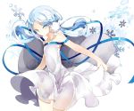  1girl bare_shoulders blue_eyes blue_hair dress earmuffs low_twintails pop&#039;n_music rooseputo_02 shion_(pop&#039;n_music) snowflakes solo twintails 