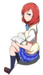  1girl bow kidachi looking_back love_live!_school_idol_project nishikino_maki redhead simple_background sitting skirt solo white_background 