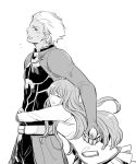  1boy 1girl archer dark_skin eiko_(17w) fate/extra_ccc fate_(series) female_protagonist_(fate/extra) greyscale hug hug_from_behind long_hair monochrome school_uniform 