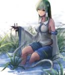 1girl breasts detached_sleeves frog_hair_ornament green_eyes green_hair hair_ornament hair_tubes highres impossible_clothes kochiya_sanae large_breasts long_hair sitting skirt sky_of_morika snake solo swamp touhou water white_snake wide_sleeves