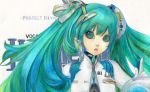  1girl alien_(alienlolita) bodysuit cable colored_pencil_(medium) green_eyes green_hair hair_ornament hatsune_miku highres long_hair project_diva traditional_media twintails 