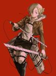 1girl 3637_3637 annie_leonhardt belt blonde_hair blue_eyes boots cable dual_wielding expressionless jacket red_background shingeki_no_kyojin solo strap sword three-dimensional_maneuver_gear weapon 