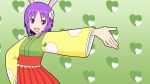  animal_ears aq_(bb009ma) bunny_ears dancing flower flower_on_head hair_ornament hand_on_hip heart hieda_no_akyuu highres hips japanese_clothes maru-toku_series no_nose open_mouth outstretched_arm purple_eyes purple_hair short_hair solo touhou violet_eyes 