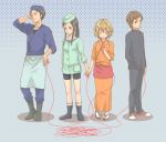  bad_id blush boots chef_hat closed_eyes eyes_closed flat_top_chef_hat hanasaku_iroha hand_holding hand_in_hair hand_in_pocket hand_on_hip hat hips holding_hands long_hair matsumae_ohana minagishi_tooru miyagishi_tooru red_string rihara short_hair smile string tanemura_kouichi tsurugi_minko 