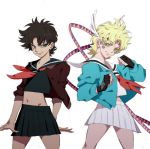  2girls black_hair blonde_hair caesar_anthonio_zeppeli dima facial_mark fighting_stance fingerless_gloves genderswap gloves green_eyes head_wings headband jacket jojo_no_kimyou_na_bouken joseph_joestar_(young) multiple_girls school_uniform serafuku short_hair 