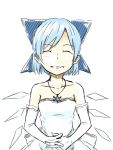  1girl bare_shoulders blue_hair bow cirno dress elbow_gloves facing_viewer gloves grin hair_bow jewelry kawashina_(momen_silicon) necklace short_hair simple_background smile solo tears touhou wedding_dress white_background 