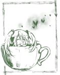  :3 closed_eyes cup eyes_closed girl_in_a_cup hair_ornament hatsune_miku headphones heart in_container in_cup inazumrai long_hair minigirl monochrome smile solo teacup twintails vocaloid 