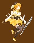  beret blonde_hair boots breasts corset detached_sleeves drill_hair fingerless_gloves gloves gun hair_ornament hat highres large_breasts magical_girl mahou_shoujo_madoka_magica mozukugumi pleated_skirt ribbon skirt solo taut_shirt thigh-highs thighhighs tomoe_mami weapon yellow_eyes 
