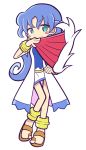  1girl anklet blue_hair blush_stickers bracelet fan green_eyes jewelry long_hair madou_monogatari mzkn002 official_style puyopuyo puyopuyo_fever rulue sandals skirt smile solo white_background 
