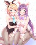  1girl 2girls animal_ears arihara_(arhr0) ayase_eli blonde_hair blue_eyes bowtie breasts bunny_tail bunnysuit cleavage detached_collar frills green_eyes long_hair love_live!_school_idol_project multiple_girls necktie pantyhose ponytail purple_hair rabbit_ears tail toujou_nozomi twintails wrist_cuffs 