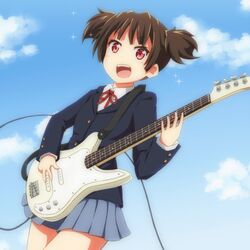  1girl brown_hair electric_guitar guitar instrument k-on! red_eyes riai_(onsen) school_uniform short_hair suzuki_jun twintails 