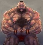  beard blue_eyes boyaking capcom facial_hair grey_background male manly muscle scar shirtless solo street_fighter zangief 