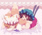  animal_ears blonde_hair brown_hair cat_ears cat_tail chen chibi closed_eyes earrings eyes_closed fang fox_tail hat jewelry lying multiple_girls open_mouth oto short_hair single_earring sleeping tail touhou yakumo_ran 