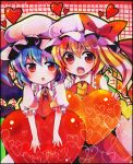  :d :o ascot bat_wings blonde_hair blue_hair blush brooch dress fang flandre_scarlet gradient_hair hat heart highres jewelry marker_(medium) multicolored_hair multiple_girls open_mouth red_eyes remilia_scarlet short_hair siblings side_ponytail sirayuki710 sisters skirt smile touhou traditional_media wings 