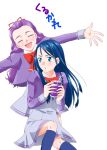  2girls :d blue_eyes blue_hair blush closed_eyes couple cup drink happy long_hair mimino_kurumi minazuki_karen multiple_girls open_mouth outstretched_arms outstretched_hand precure purple_hair school_uniform shiratamama simple_background sitting smile straw white_background yes!_precure_5 yes!_precure_5_gogo! yuri 