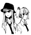  akemi_homura alternate_hairstyle artist_request black_hair frown glasses hair_bow hairband hat kaname_madoka long_hair mahou_shoujo_madoka_magica monochrome necktie simple_background sketch source_request twintails 
