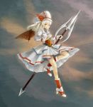  alernate_costume alternate_costume alternate_hair_color blonde_hair boots brown_eyes corset curiosities_of_lotus_asia dress hat high_heels highres polearm remilia_scarlet shoes short_hair solo spear touhou vividdo weapon white_hair wings 