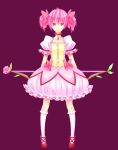  arms_behind_back bow_(weapon) choker dress flower gem hair_ribbon highres kaname_madoka magical_girl mahou_shoujo_madoka_magica mozukugumi pink_eyes pink_hair pink_rose puffy_sleeves ribbon rose shoes short_twintails solo twintails weapon 