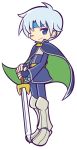  1boy armor belt blue_eyes boots cape fingerless_gloves gloves greaves headband highres madou_monogatari male mzkn002 official_style pants planted_sword planted_weapon puyopuyo puyopuyo_fever schezo_wegey smile solo sword weapon white_background white_hair wink 