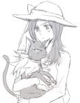  1girl animal_hug blush cat fresh_precure! hat higashi_setsuna monochrome negom precure seiren_(suite_precure) suite_precure 