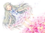  bare_legs bittersweet_(dalcoms) closed_eyes dress dutch_angle eyes_closed flower honma_meiko long_hair silver_hair skirt_hold smile solo very_long_hair wading water 