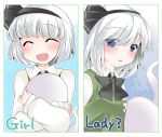  1girl :d blue_eyes blush hairband hammer_(sunset_beach) hitodama konpaku_youmu konpaku_youmu_(ghost) looking_at_viewer open_mouth short_hair silver_hair smile solo touhou 