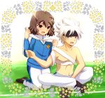  2boys bandages brown_hair headband ibuki_munemasa inazuma_eleven_(series) inazuma_eleven_go inazuma_eleven_go_galaxy male multiple_boys navel open_mouth shindou_takuto shinsei_inazuma_japan shiramomo shirtless short_hair sitting track_jacket white_hair 