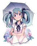  1girl aqua_hair blue_eyes flower hatsune_miku rain smile solo umbrella umiko_(munemiu) vocaloid 