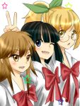  3girls artist_request bangs black_hair blonde_hair blue_eyes blunt_bangs bow brown_eyes brown_hair fang glasses hair_ribbon height_difference kagami_kuro kodomo_no_jikan kokonoe_rin long_hair looking_at_viewer multiple_girls open_mouth parted_lips ponytail ribbon school_uniform simple_background smile spoilers star teenage usa_mimi v white_background wink yellow_eyes 